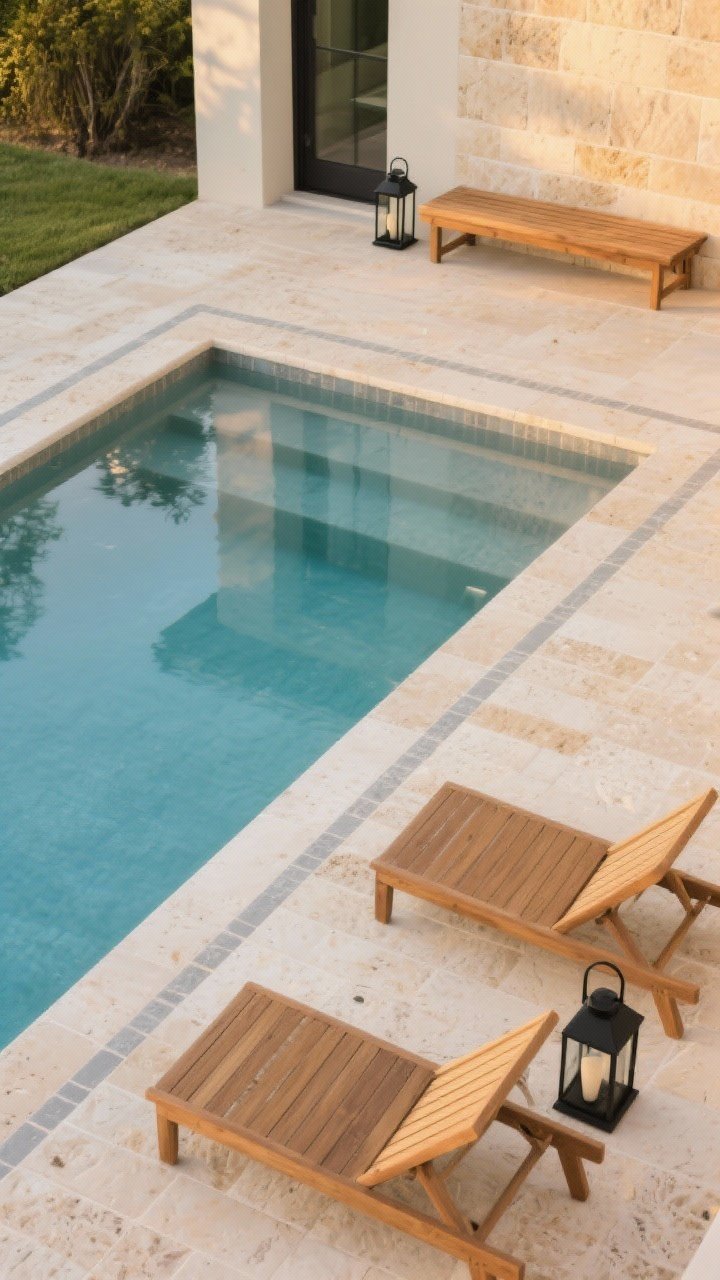 Wide shot, late afternoon: A cohesive pool and patio where the travertine pool coping continues seamlessly into matching travertine-look matte porcelain patio pavers; tight palette of warm limestone tones, teak lounge chairs, and matte black metal accents; grout lines in consistent light gray across pool surround and patio; include a teak bench and matte black lanterns; photorealistic, straight-on angle emphasizing continuous materials and smooth transitions.