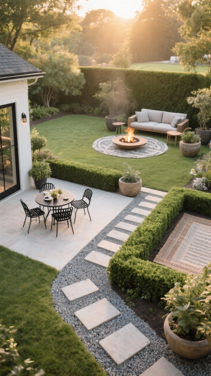 Wide shot, late afternoon: An inviting backyard divided into distinct outdoor “rooms” without walls—gravel path with stepping stones guides from a small dining zone with a black metal bistro set to a lounging nook with a loveseat and side table, and a circular fire circle beyond. Low boxwood hedges and large planters define edges, outdoor rugs anchor each zone. Warm, soft natural light, calm, organized flow. Photorealistic, straight-on angle.