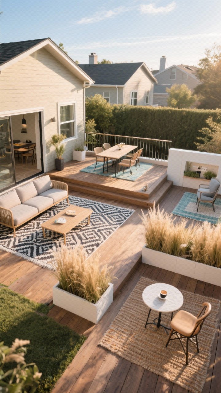 Wide shot, late afternoon natural light: An open-concept backyard deck designed as “mini outdoor apartment” zones—on the left, a lounge area anchored by a patterned outdoor rug with a low outdoor sofa floated to define the space; in the center, a compact café zone with a slim rectangular dining table slid near the railing atop a different-color rug; on the right, a small morning coffee nook with a bistro chair and tiny round table on a third rug. Tall grasses in box planters subtly border each zone without blocking the view. Warm, sunlit wood decking, clear sky, no people, photorealistic.
