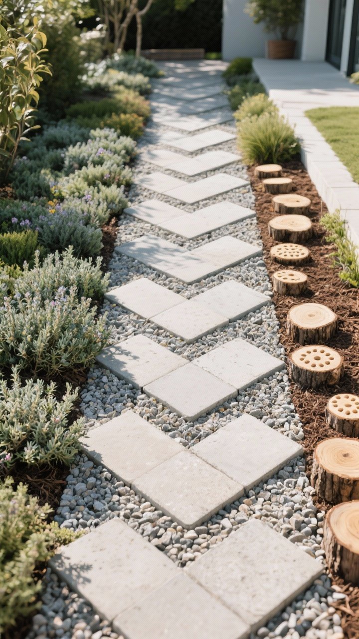 Wide shot of a budget-friendly garden pathway: gravel base with spaced concrete pavers set in a staggered herringbone pattern, flanked by thyme and sedum edging that softens lines and releases fragrance. A side spur shows stepping stones set in mulch; a short section of log rounds acts as whimsical stepping “cookies,” lightly sealed. Overhead to three-quarter angle, bright but soft daylight to highlight pattern and texture.