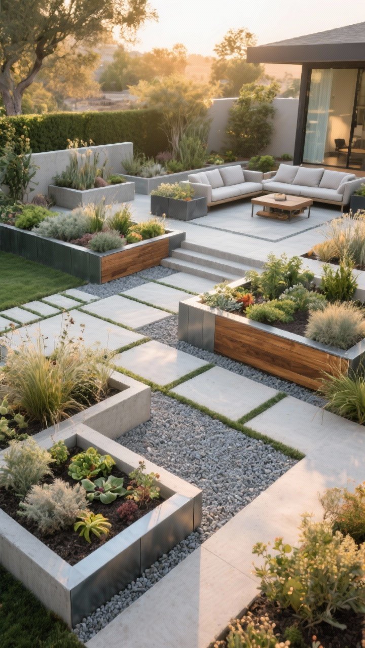 Wide shot of a cohesive modern garden that blends style and function with minimal maintenance: clean lines, hardworking materials like concrete, steel edging, sealed cedar accents, and structured plantings that “earn their keep”; zones shown in one view—raised beds, planters defining a lounge, gravel paths with crisp geometry; drought-tolerant plants and edible touches subtly integrated; warm, inviting late-afternoon light creating a chic, easy-living mood; no people, photorealistic finish.