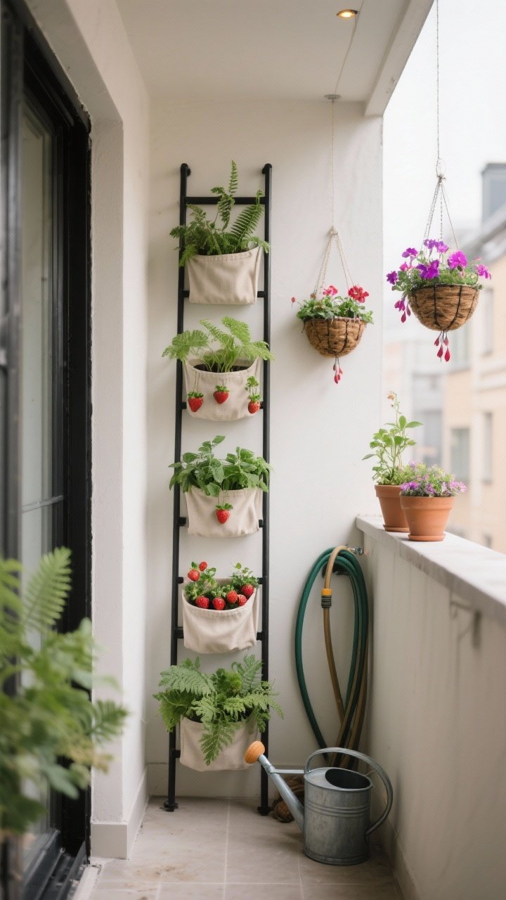 Wide shot of a compact balcony with vertical gardening: a black metal leaning ladder shelf holding staggered pots of herbs and ferns, adjacent wall-mounted fabric pockets filled with trailing strawberries and petunias, plus a pair of hanging baskets with fuchsias; lightweight potting mixes in wall planters; placed near a hose and watering can for convenience; soft side lighting, corner angle to emphasize height and space-saving layout