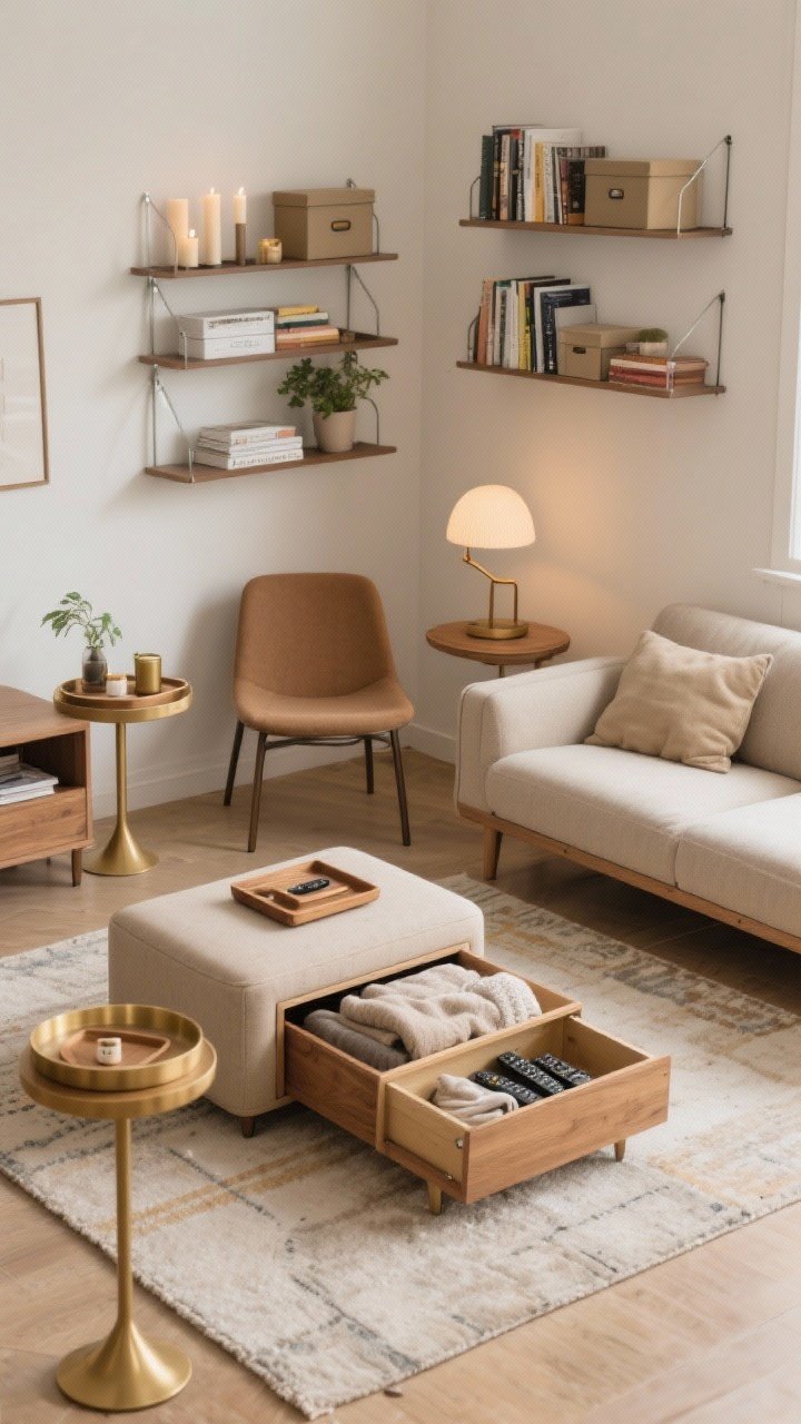 Wide shot of a compact living room maximizing small space with multi-tasking decor: a storage ottoman doubles as a coffee table with a wood tray on top, hiding blankets and remotes inside; nesting tables partially pulled out beside a chair; sleek wall shelves styled 60% functional (books, storage boxes) and 40% pretty (candles, a small plant). The area rug is floated with the front legs of sofa and chairs on it to unify the zone; round side tables and a curved lamp soften the tight space; small items are corralled on trays to look intentional. Clutter-free, warm neutral palette with brass and wood touches, photorealistic, no people.