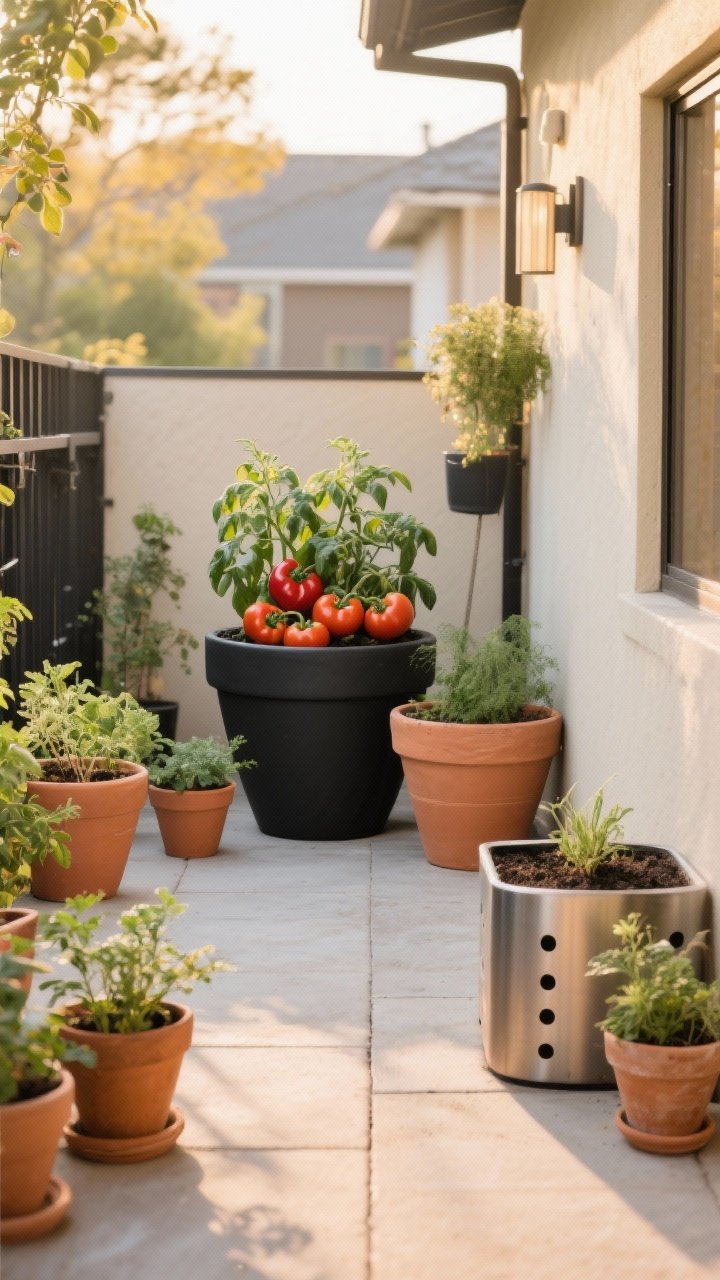 Wide shot of a compact patio styled with container gardens: a cohesive palette of matte black, warm terracotta, and creamy neutral planters. Deep resin pots with patio tomatoes and peppers (12–18 inches soil), smaller terracotta pots with herbs (6–8 inches soil), and a metal planter that hints at warmth from sun. Visible drainage holes or nursery pots nested inside. Soft golden-hour light, clean lines, decor-with-benefits vibe, textures of terracotta vs smooth resin highlighted.