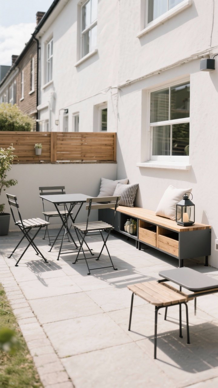 Wide shot of a compact townhouse patio furnished with flexible pieces: a fold-flat bistro set positioned for easy transformation, a storage bench neatly stashing cushions and lanterns (lid slightly open to imply storage), and nesting tables partially expanded. Armless silhouettes and slim leg profiles to keep sightlines light; neutral tones with charcoal metal and warm wood; soft afternoon light; clean paving; focus on airy spacing and the visual lightness of raised legs, no people.