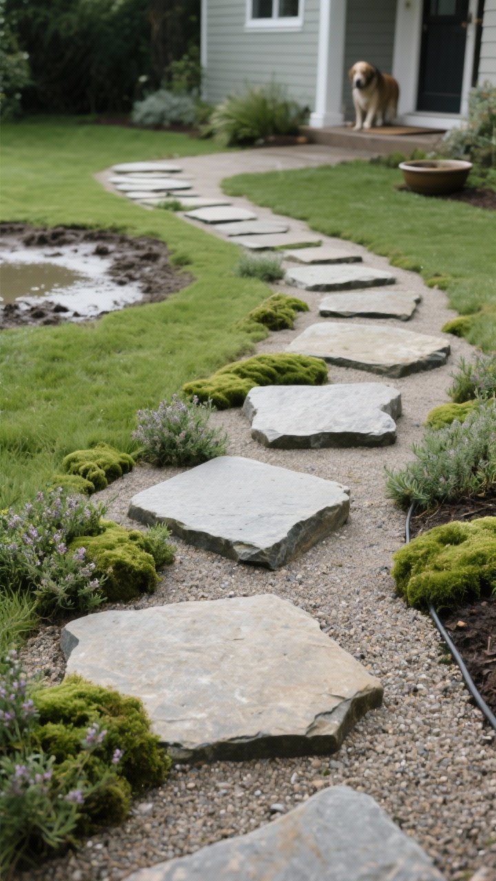 Wide shot of a custom stone garden path meandering through a green yard, stepping stones spaced 18–24 inches apart right where feet would land; each stone set flush in a tamped base of decomposed granite/sand, edges neat; gaps filled with creeping thyme and patches of Irish moss for soft greenery between stones; slight corner-angle perspective to show the route; overcast daylight for even lighting emphasizing stone texture and granular DG, with a muddy area nearby visibly avoided by the path; no people, dog bowl near porch hinting at use.