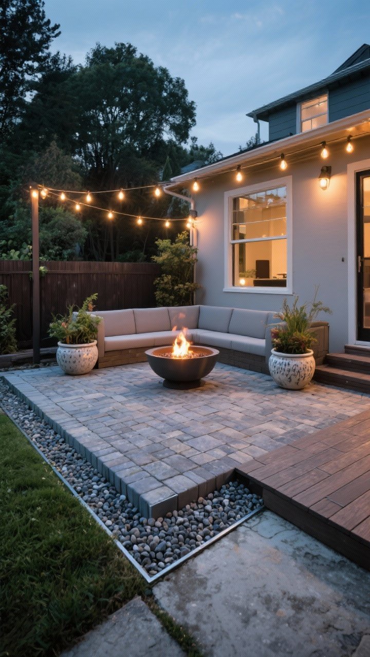 Wide shot of a defined outdoor room in a backyard: a paver patio floor set within a clean border, with string lights overhead, a modern fire bowl centered, and two large planters framing a low seating area; optional adjacent zone shows a compact gravel courtyard tamped smooth with steel edging; deck tiles visible over an old concrete corner as a quick refresh; evening ambiance with warm bulbs; textures: tumbled pavers, pea gravel, powder-coated steel edging, ceramic planters; no people.