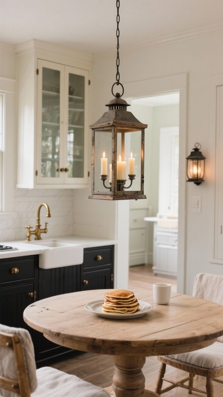 Wide shot of a farmhouse kitchen breakfast nook featuring a vintage-inspired lantern as the star: an open-frame lantern with candlestick sockets and faux “wax” sleeves, finished to coordinate with matte black cabinet pulls and an aged brass bridge faucet; soft, inviting light over a round wooden table set for pancakes; a second view line into an adjacent hallway shows a mini lantern leading toward the kitchen; glass-front cabinets subtly reflecting the lantern’s glow; airy mood with gentle sparkle, classic farmhouse textures, no people.