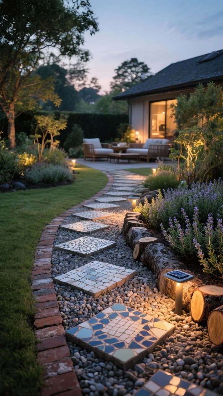 Wide shot of a garden path as a focal walkway, captured from a low straight-on perspective at dusk. Mosaic stepping stones alternating with pea gravel for drainage, recycled brick laid in a herringbone pattern along a section, and a side spur of sealed log rounds creating a woodland vibe. Low-growing creeping thyme edges spill into the path. Solar path lights cast a warm, magical glow guiding toward a cozy seating area in the background.