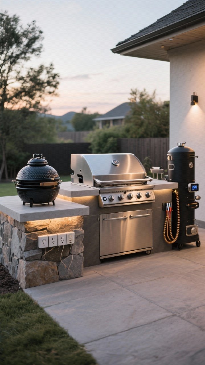 Wide shot of a hybrid grill station on a patio: gas grill centered with clean stainless front, a charcoal kamado to the left on a heat-safe stone landing zone, and a vertical pellet smoker tucked slightly farther to the right. Include a shared thermometer dock with digital probes coiled neatly and a weatherproof outlet strip mounted under the counter. Early evening natural light with faint grill glow; straight-on perspective; no people.