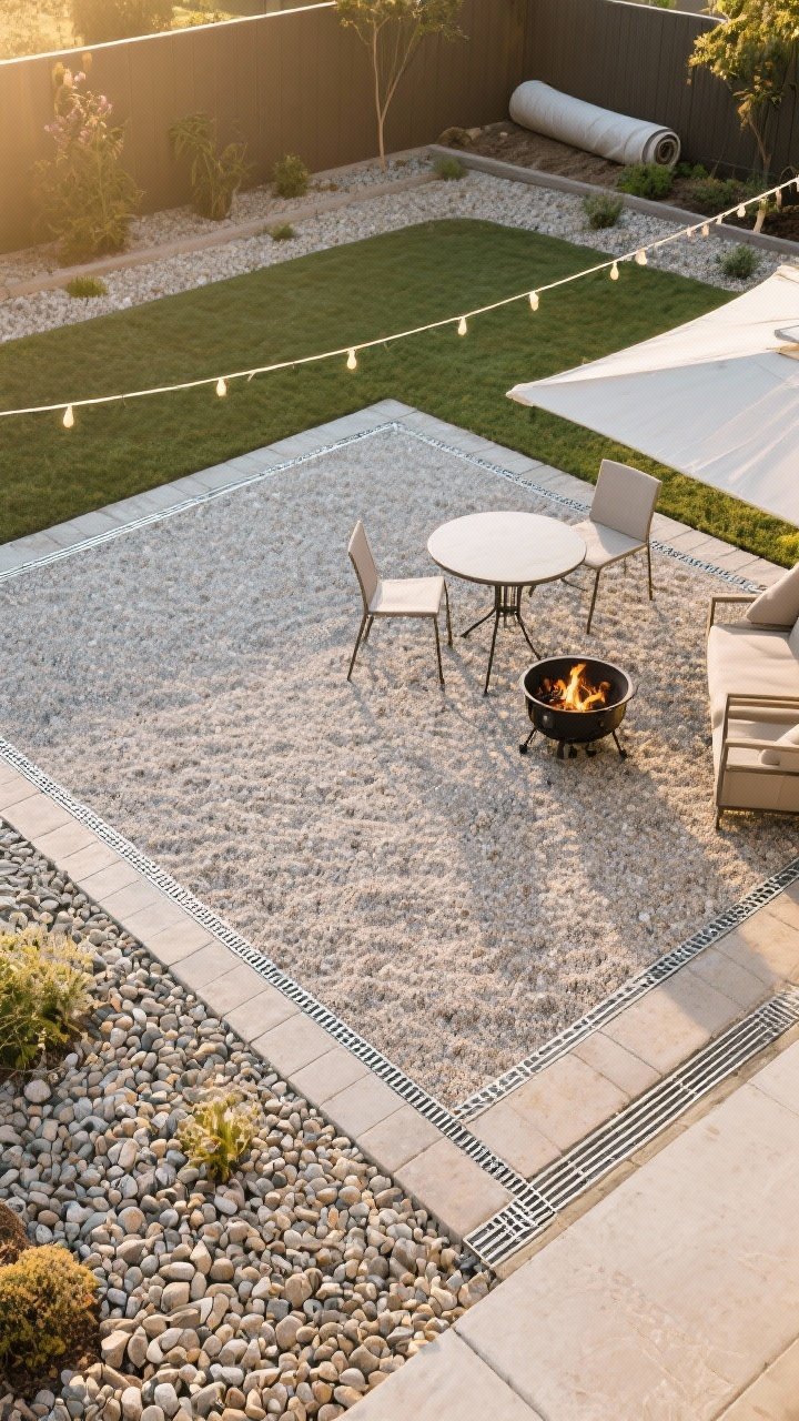 Wide shot of a newly built gravel patio lounge: decomposed granite base compacted smooth, edged with slim metal strips and a neat paver border; top-dressed with a light layer of pea gravel under a small bistro set and a portable fire pit; string layout paint marks faintly visible beyond; include landscape fabric roll peeking at the edge; late-afternoon warm light, overhead/oblique perspective to show the full footprint and texture.