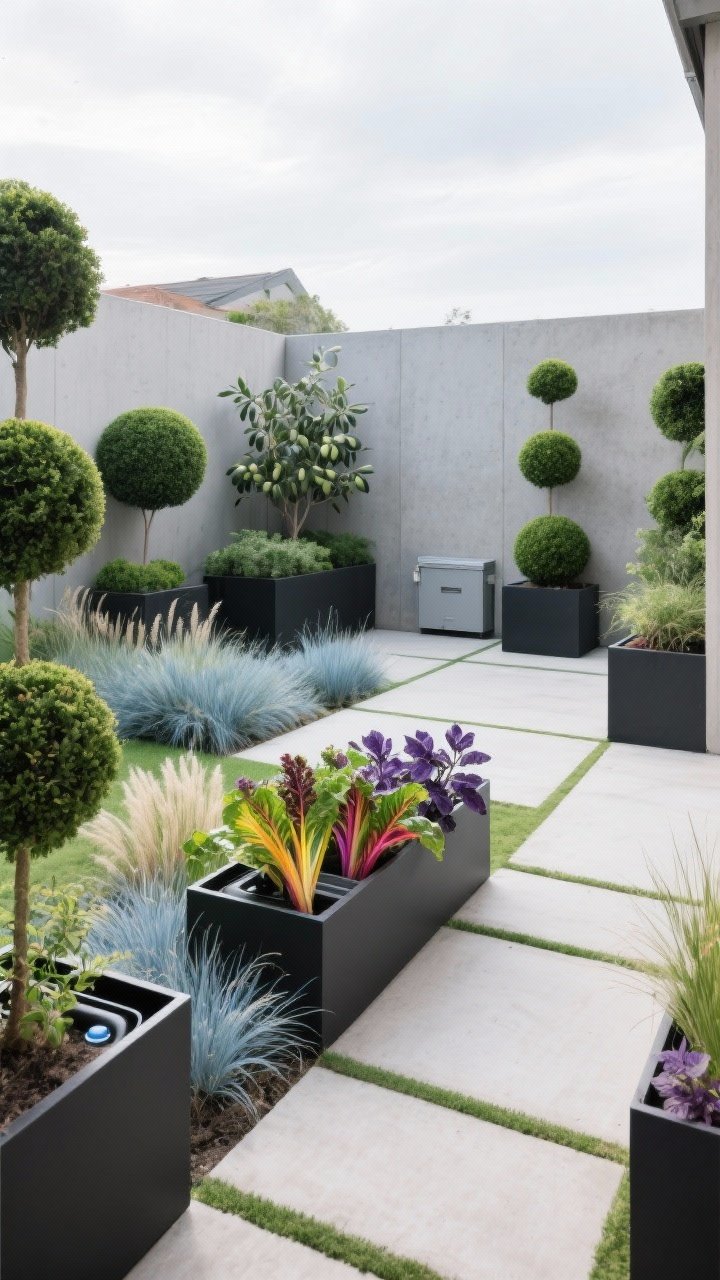 Wide shot of a patio divided into zones using large architectural planters as movable walls; matching matte concrete and powder-coated black planters anchor corners and line a path, subtly hiding a utility box; plantings feature sculptural evergreens (boxwood spheres and dwarf olives), textural grasses (blue fescue and feather reed grass), plus rainbow chard and purple basil for edible flair; self-watering inserts hinted by clean fill lines; bright overcast light for even tones; taken from a corner angle to show spatial definition and microclimate placement.