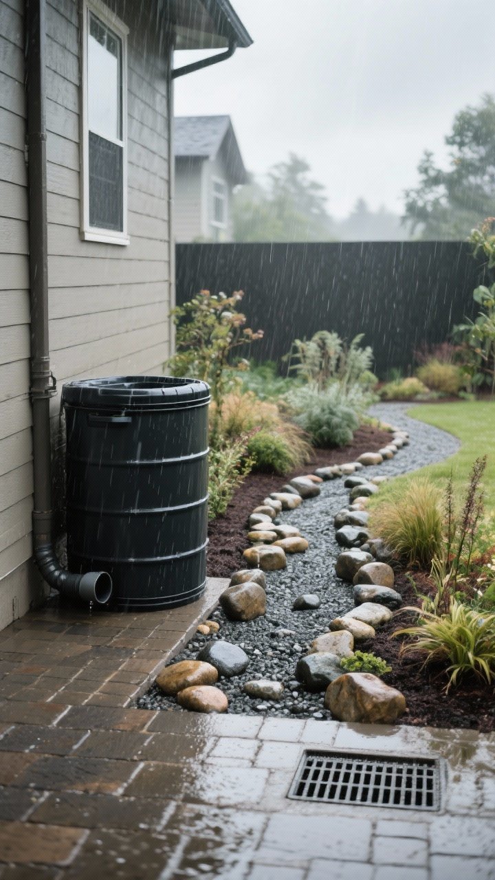 Wide shot of a rain-harvesting setup in a backyard: a tasteful dark slimline rain barrel connected to a downspout beside the house; a dry creek bed of rounded river stones leading away, gently graded toward a small rain garden planted with moisture-loving natives in a low spot; permeable hardscape surfaces (decomposed granite path, permeable pavers) around; subtle French drain inlet grate nearly hidden; post-rain overcast light with damp textures.