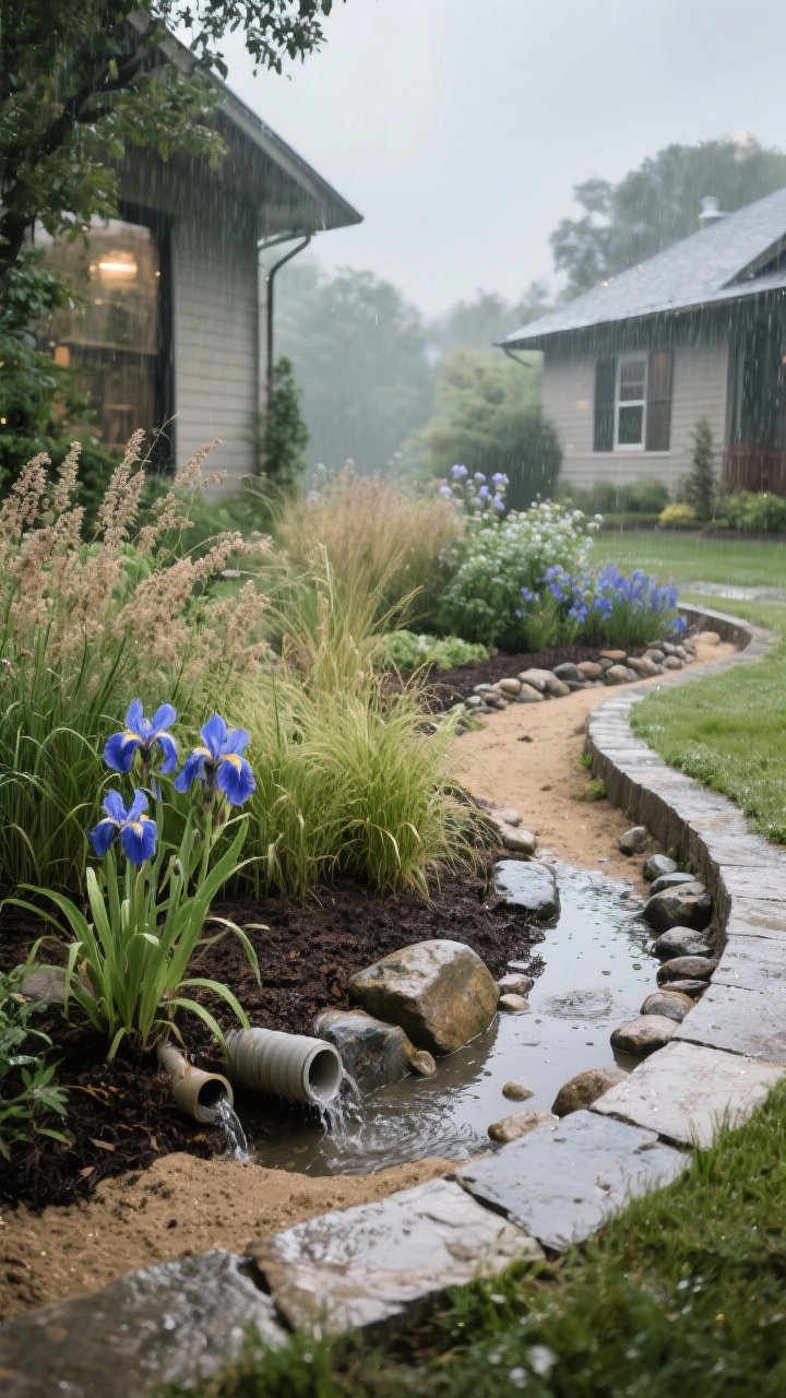 Wide shot of a sculpted rain garden in a low area 10+ feet from the house: shallow basin 6–12 inches deep with sandy loam and compost, river rock at the downspout inlet; planting mix of blue flag iris, Joe Pye weed, switchgrass, and sedges arranged for wet-to-dry tolerance; flat stone edging giving it an intentional outline; a discreet overflow channel leading away for heavy storms; overcast post-rain lighting with slight sheen on foliage and stone, functional yet elegant.