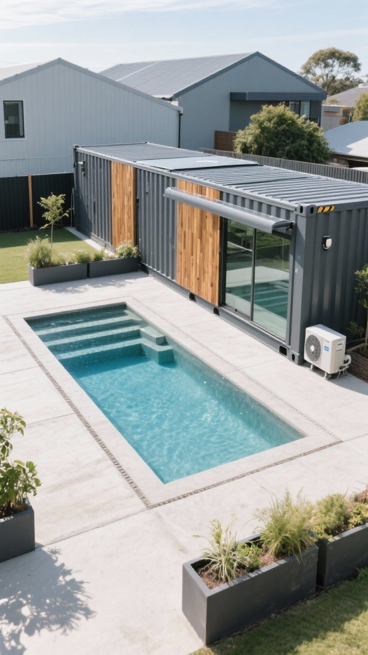 Wide shot of a shipping container pool on a reinforced concrete pad: exterior painted soft charcoal with warm cedar cladding sections, long rectangular form with a glass side panel window into the water, built-in steps at one end, integrated cover system and compact heat pump equipment enclosure, modern planters softening edges, clean industrial-modern aesthetic, bright daytime light, photorealistic, no people.