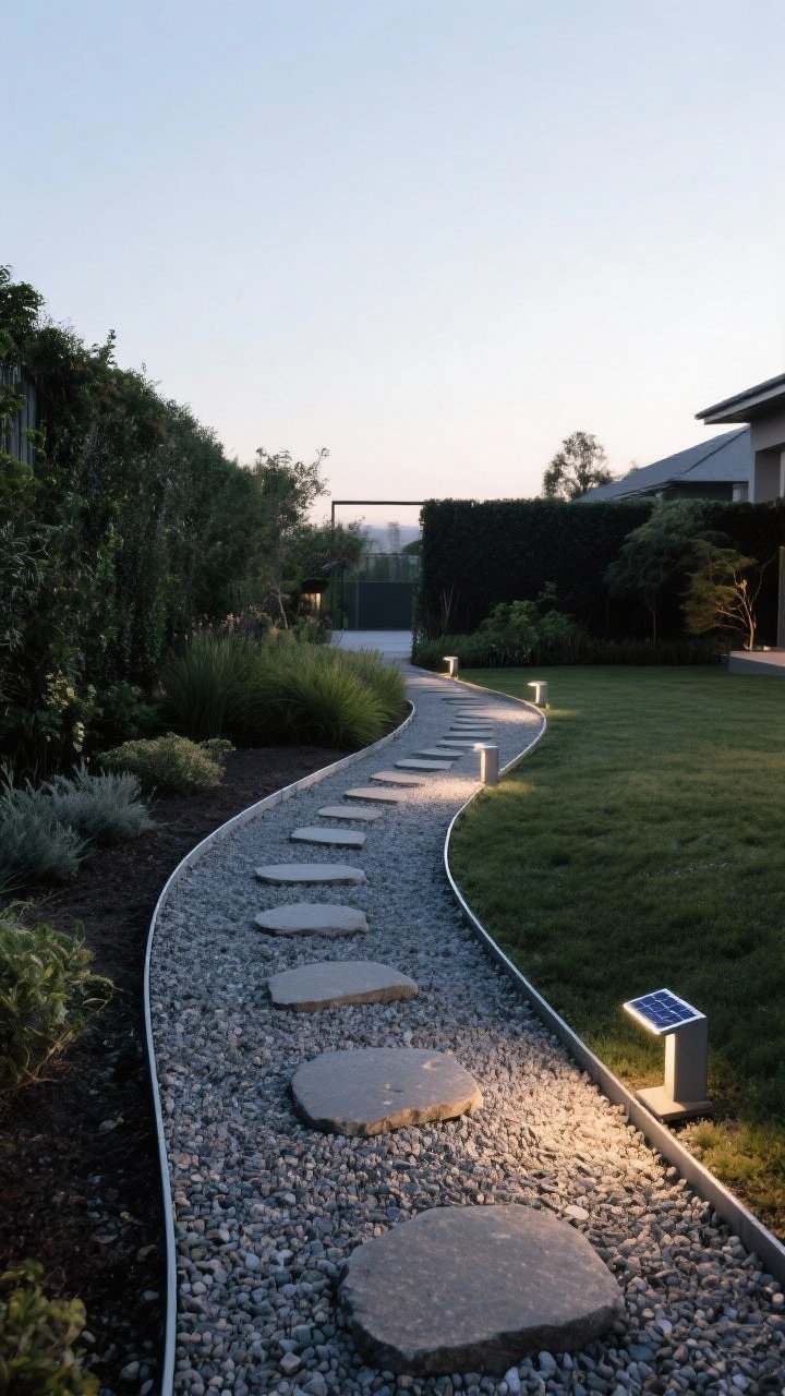 Wide shot of a simple, functional garden path designed along an existing desire line: compacted gravel walkway with neat metal edging, 36–42 inches wide for comfortable passing, gentle curves for a relaxed feel; evenly spaced stepping stones appear in a short section for visual interest; low solar path lights dot the edge without runway vibes; soft twilight lighting enhances safety and ambiance; perspective: eye-level down the path to the destination.