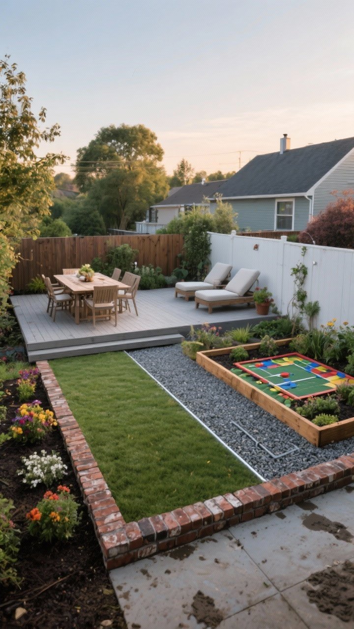 Wide shot of a small backyard divided into clear zones using inexpensive edging: a dining area on a simple deck, a lounging corner, and a planted play/games nook. Show crisp borders made from reclaimed brick-on-edge around flower beds, straight metal landscape edging creating razor-clean lines between lawn and gravel, and pressure-treated wood strips framing a patio. Include gravel lines around the deck to frame the space and prevent mud. Early evening natural light, straight-on perspective, intentional clean lines, budget-friendly materials, no people.