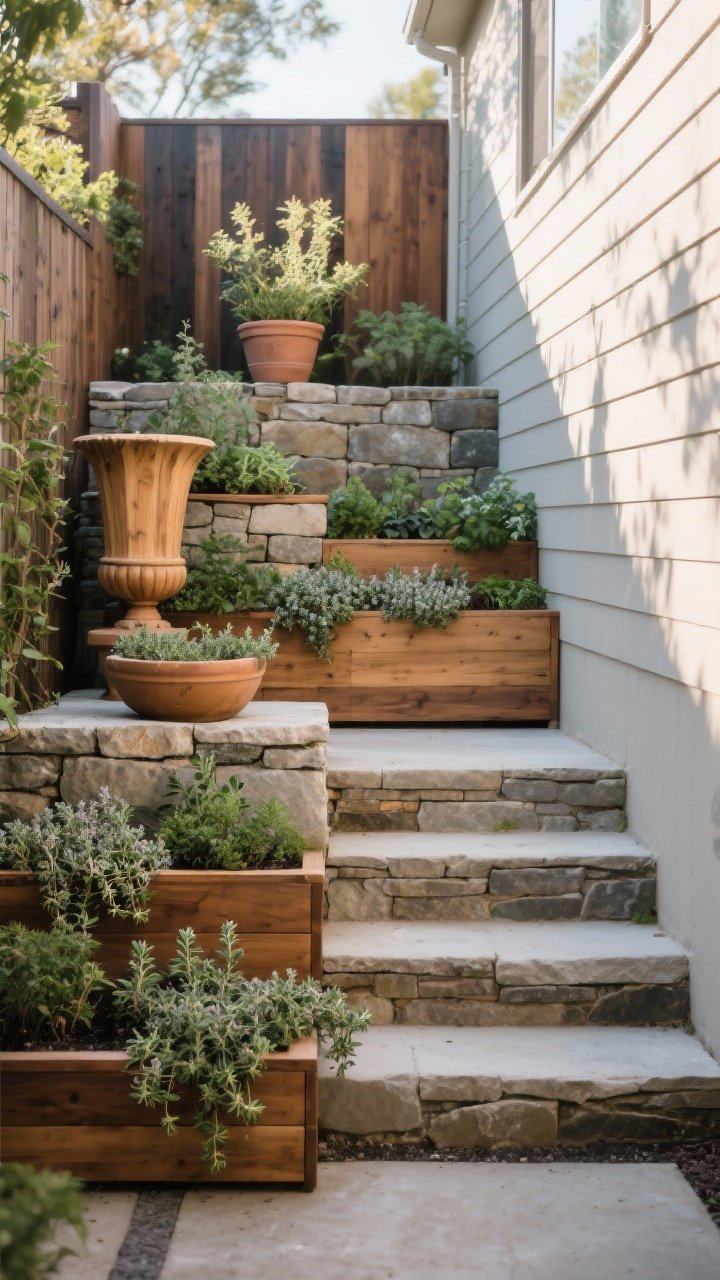Wide shot of a small yard transformed with multi-level planting: cedar raised beds paired with a low stone retaining wall; a stack of planters (tall urn, medium pot, shallow bowl) creating a cascading effect with tumbling oregano and thyme spilling over edges. Terraced steps lead the eye upward, mixed textures of wood and stone matched across elements, late afternoon side lighting to accent dimension and shadow.
