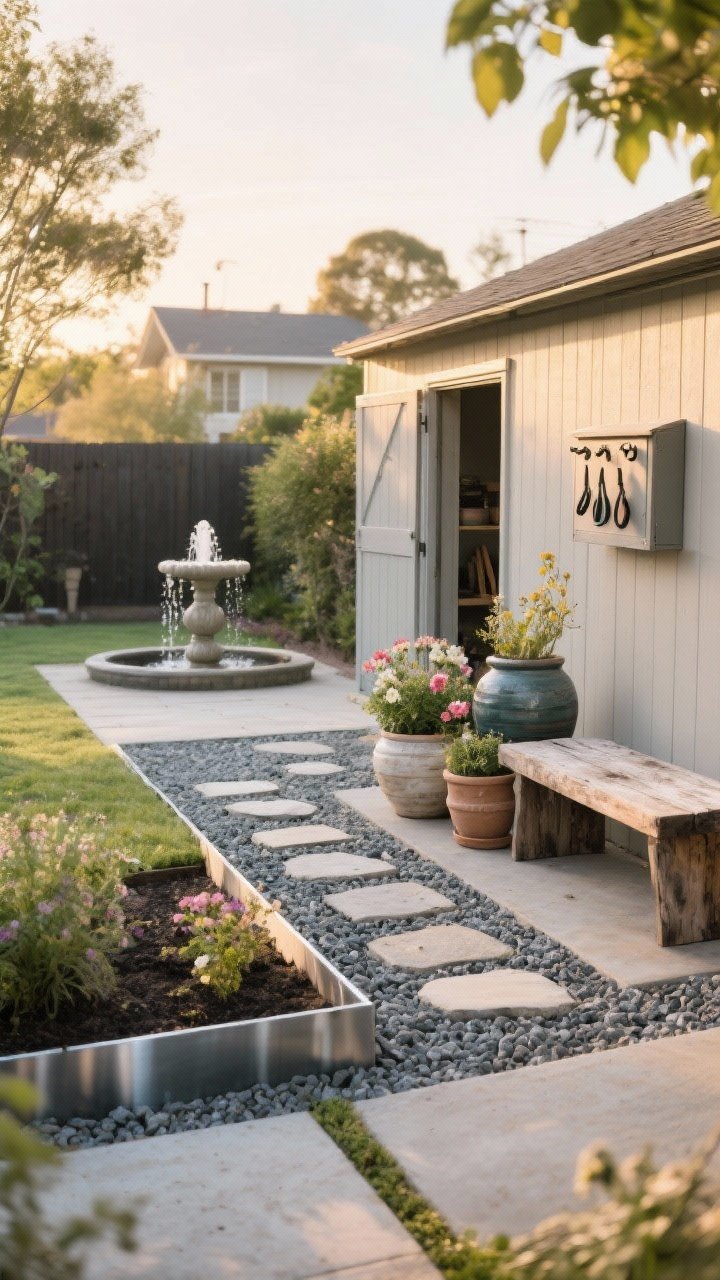Wide shot of a styled backyard with finishing touches: steel edging creating crisp bed lines, a gravel pathway with evenly spaced stepping stones, a weathered wooden bench beside a ceramic pot grouping, a simple bubbling fountain. Flower and pot accents follow a restrained palette of two to three colors. A slim shed or deck box with hooks for tools partially open to hint at tidy storage. Soft golden-hour light, cohesive and polished, no people.