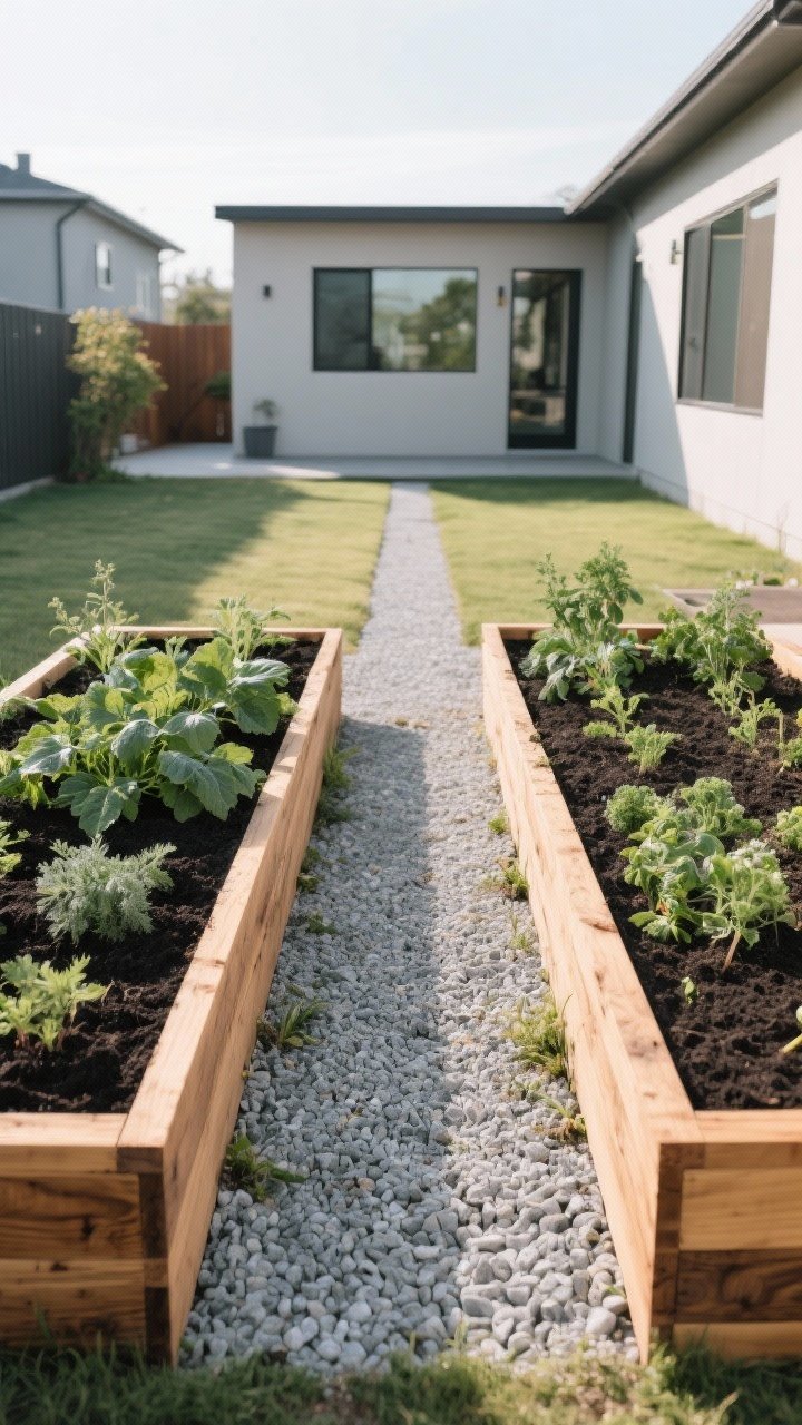 Wide shot of a tidy modern backyard showcasing two cedar raised beds (3–4 feet wide) filled with dark, rich soil and leafy herbs/veggies. A straight gravel path runs between beds, bordered cleanly. The wood grain of cedar contrasts with the pale gray gravel. Subtle afternoon light, crisp lines, minimal weeds, intentional layout, no people.