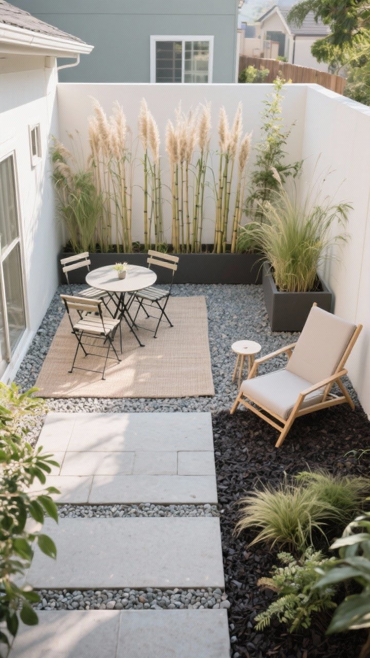 Wide shot of a tiny 6x8 patio divided into mini zones: a bistro set on one side atop a neutral outdoor rug, and a single lounge chair with side table on the other. Use planters with tall grasses or bamboo as soft dividers between areas. Different ground textures clearly define zones: compact gravel under the dining, concrete pavers under the lounge, and dark mulch in a small plant strip. Soft, natural daylight, neutral palette with plants providing color, no people, photorealistic, straight-on angle.
