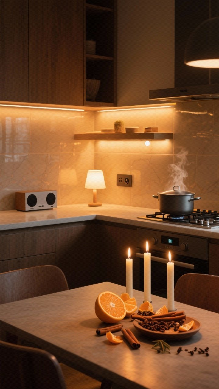 Wide shot of a warmly lit kitchen capturing the mood trifecta: Layered lighting with under-cabinet LEDs washing the backsplash, a small lamp glowing on the counter, and a trio of unscented taper candles on the table; a small speaker on a shelf; a pot on the stove with visible stovetop potpourri ingredients (orange peels, cinnamon sticks, cloves) gently steaming; a discreet battery puck light under an open shelf. Atmosphere is cozy and amber-toned, with dimmer-like softness and subtle reflections. Photorealistic, no people, straight-on composition.