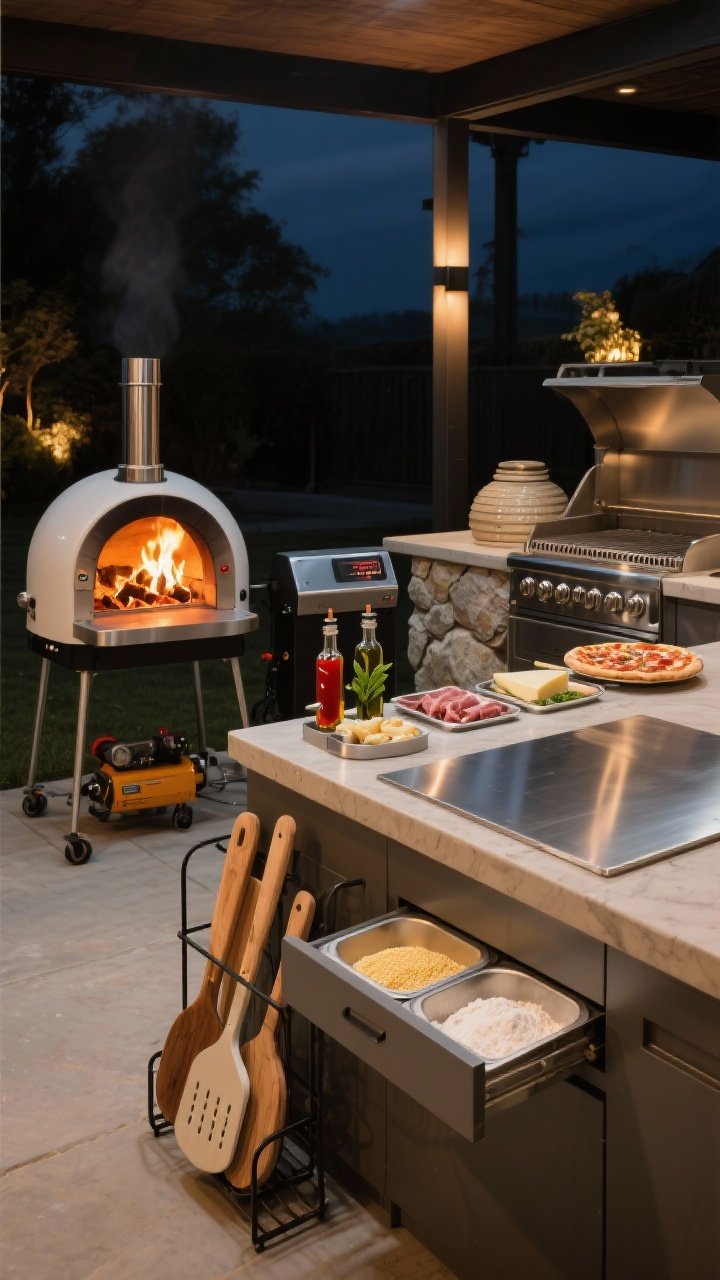 Wide shot of an outdoor pizza zone at night: a compact wood-fired pizza oven glowing with embers beside a portable gas pizza oven for contrast, and a kamado with a stone nearby. A chilled topping station with stainless inserts for cheese and meats, peels leaning on a rack, a drawer slightly open showing flour and cornmeal, and a steel baking surface sized to the main grill. Include a small drizzle station with bottles of chili oil, basil oil, and balsamic; warm, firelit ambiance; no people.