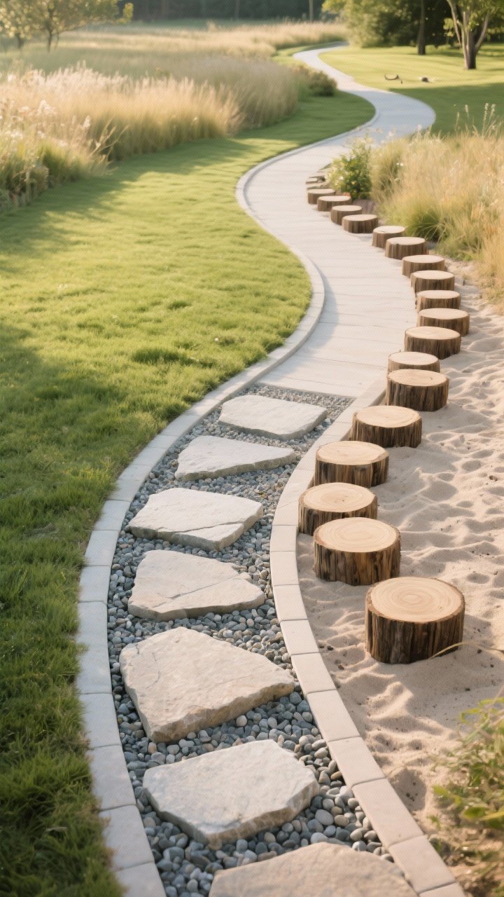 Wide shot of budget-friendly pathways: a curving path of large stepping stones laid with 2–3" gaps filled with pea gravel, bordered by subtle edging; a secondary mown lawn path winding through a meadow-y area in the background; a whimsical side path of sealed wood rounds set in sand; overall path width 30–36" and elegant curves; bright morning natural light; photorealistic, elevated corner angle to show flow.