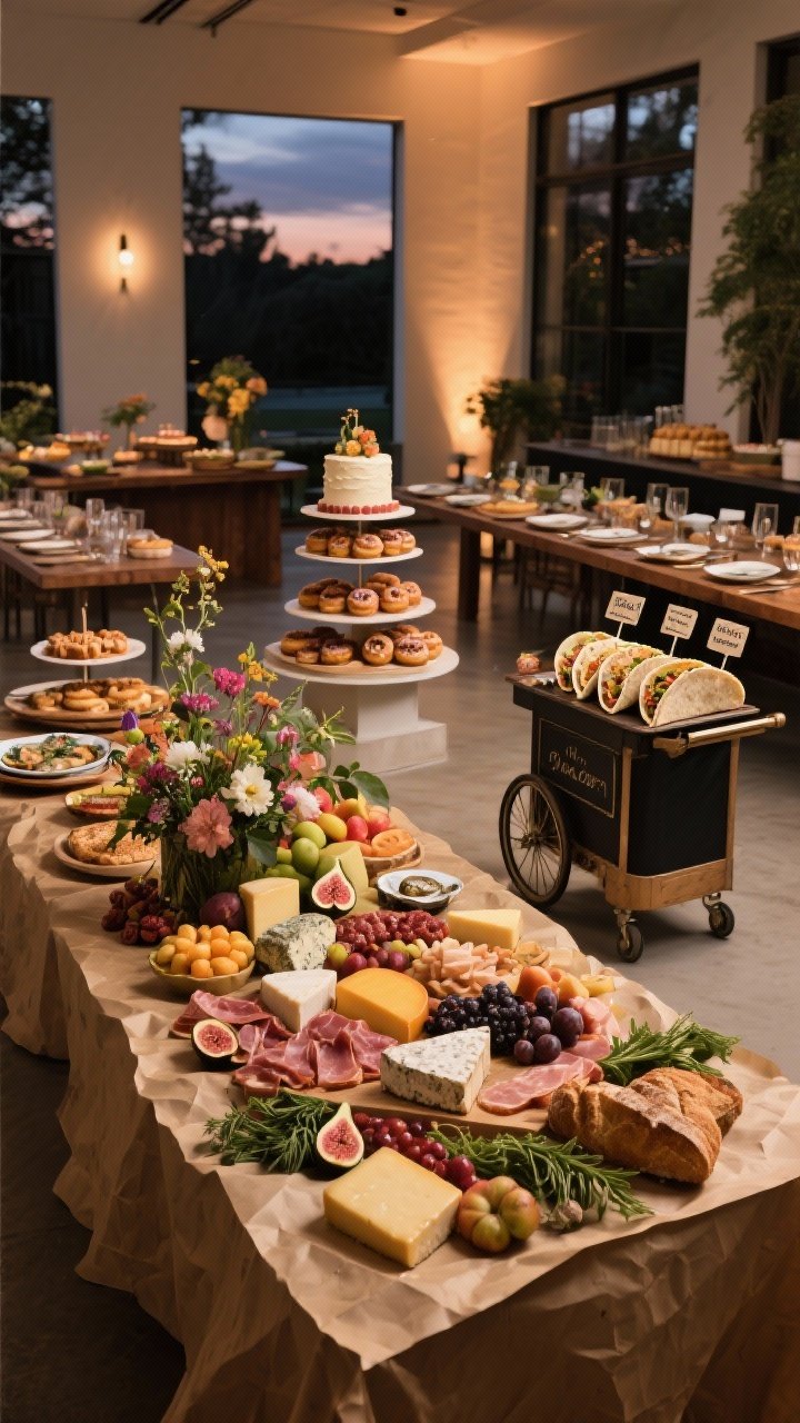 Wide shot of curated food experiences: a dramatic grazing table on butcher paper featuring cheeses, charcuterie, fruits, breads, herbs, flowers, and figs styled with height variation; adjacent mini stations—compact taco bar and a small oyster cart—each neatly labeled; long tables set for family-style platters to be shared; a dessert table in the background with a petite cake, pastries, and a donut stack on staggered risers; warm, inviting evening light; photorealistic, corner angle.