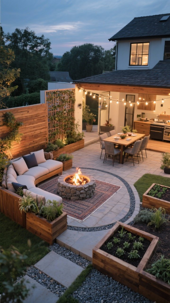 Wide shot of outdoor rooms styled like interiors: a lounge zone with low seating, outdoor rug, and planters forming “walls”; adjacent dining zone beneath string lights with sturdy pavers under the table; a circular fire/conversation pit on crushed stone with curved seating; a tidy kitchen garden of raised beds with gravel paths and a vertical trellis; repeating the same warm wood tone and stone across zones; cozy twilight ambiance; photorealistic.