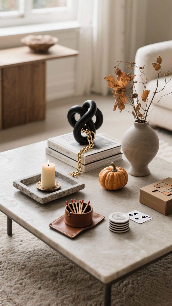 Wide shot of the coffee table vignette curated with personal pieces, viewed from a slightly elevated angle to show varied heights: Zone 1 includes a stone tray with a single pillar candle and a vintage-style match striker; Zone 2 shows two stacked design books topped with a sculptural object (a matte black knot or brass chain); Zone 3 features an asymmetrical vase with dried stems and a tiny ceramic pumpkin; add functional pretties like a leather catchall with matches and a sleek coaster stack, plus one interactive item (minimalist playing cards or a small puzzle box); finishes are matte, scale kept small, palette neutral with fall accents; soft natural light; photorealistic, lived-in yet intentional.