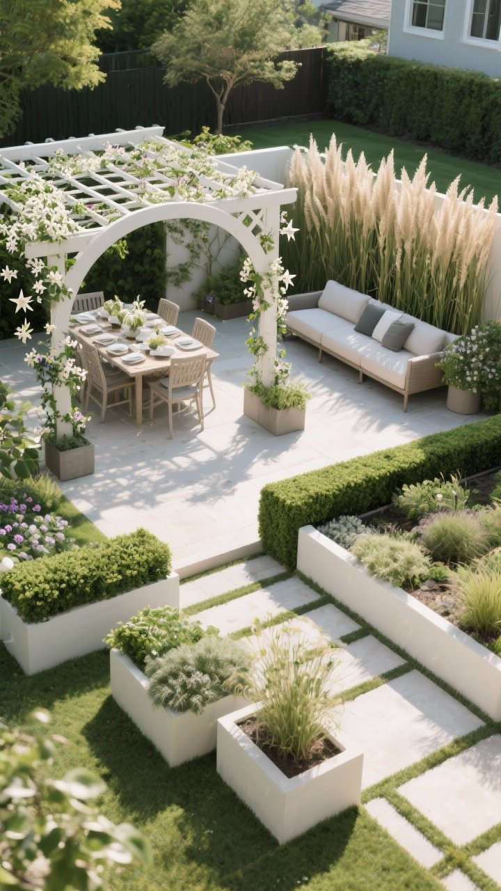 Wide shot, overhead-angled view of a backyard divided into “rooms”: a pergola arch defining a dining zone with a trellis supporting star jasmine and clematis; a lounge area subtly screened by a row of tall miscanthus and switchgrass; a garden nook edged with clean boxwood hedging; planters used as soft partitions; bright but filtered daylight, lush privacy without feeling fenced, photorealistic.