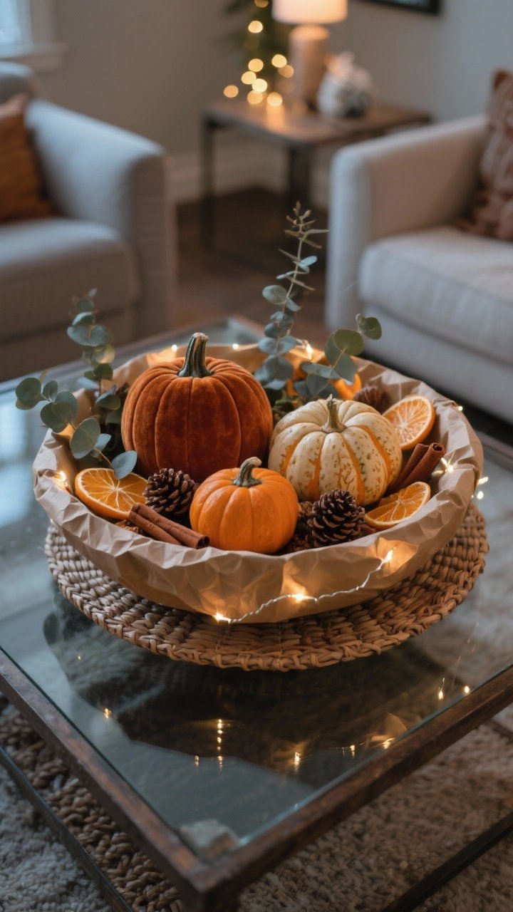 Wide shot, overhead perspective: A mini harvest centerpiece on a coffee table—an oval shallow dough bowl as the base, lined with crumpled kraft paper for lift. Inside: 2–3 small pumpkins/gourds in varied textures (one velvet rust, one real pale orange, one carved wood), gaps filled with faux eucalyptus sprigs, dried orange slices, cinnamon sticks, and mini pinecones. A delicate strand of warm white fairy lights is tucked throughout for nighttime sparkle. The arrangement is low to preserve TV sightlines; if on a glass table, the dough bowl sits over a woven rattan mat for grip and warmth. Ambient evening room light with twinkling accents; photorealistic, no people.