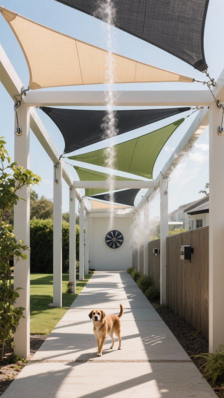 Wide shot: shaded dog lane featuring a pergola aligned lengthwise like a corridor, paired with UV-rated shade sails in sand, charcoal, and sage green overlapping above; a slim misting line tucked along pergola beams and a compact solar fan mounted at the far end; 40–60% dappled shade with west-facing afternoon sun controlled; marine-grade hardware visible at sail connections; cool, airy summer vibe.