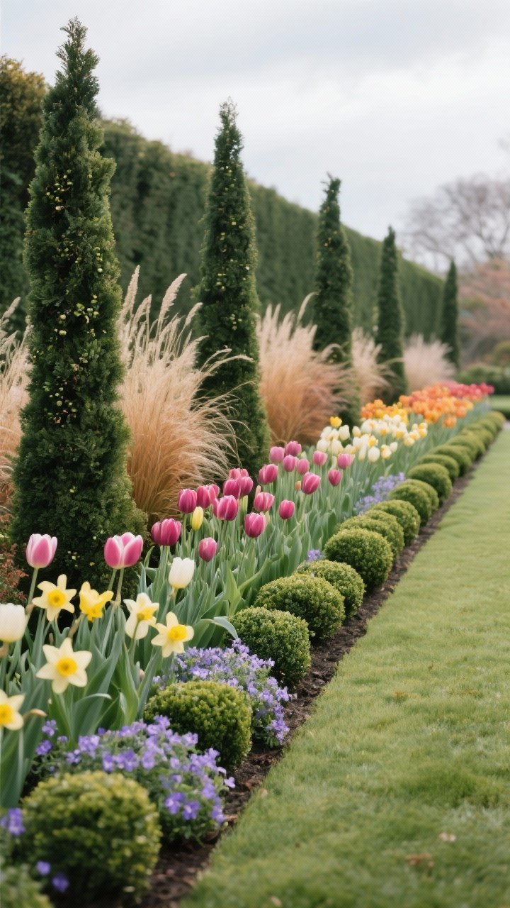 Wide shot showcasing evergreen structure with seasonal color layers: a border anchored by dwarf boxwood and Sky Pencil holly at intervals; spring layer of tulips, daffodils, and creeping phlox under and around the evergreens; ornamental grasses placed for fall interest in the background; balanced composition with year-round bones; soft overcast daylight to emphasize color; perspective: slightly elevated straight-on to show the evergreen rhythm and seasonal accents.