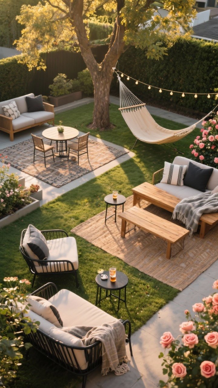 Wide shot showing multiple mix-and-match seating nooks across a single yard, overhead drone-like angle to emphasize zones. A small bistro set under a tree on an outdoor rug; a wooden bench near blooming roses; a hammock corner with string lights. Cohesion via repeated material tones (matching warm wood and matte black metal). Weatherproof cushions and a throw in each nook; small side tables ready for drinks. Late afternoon golden light, soft shadows.