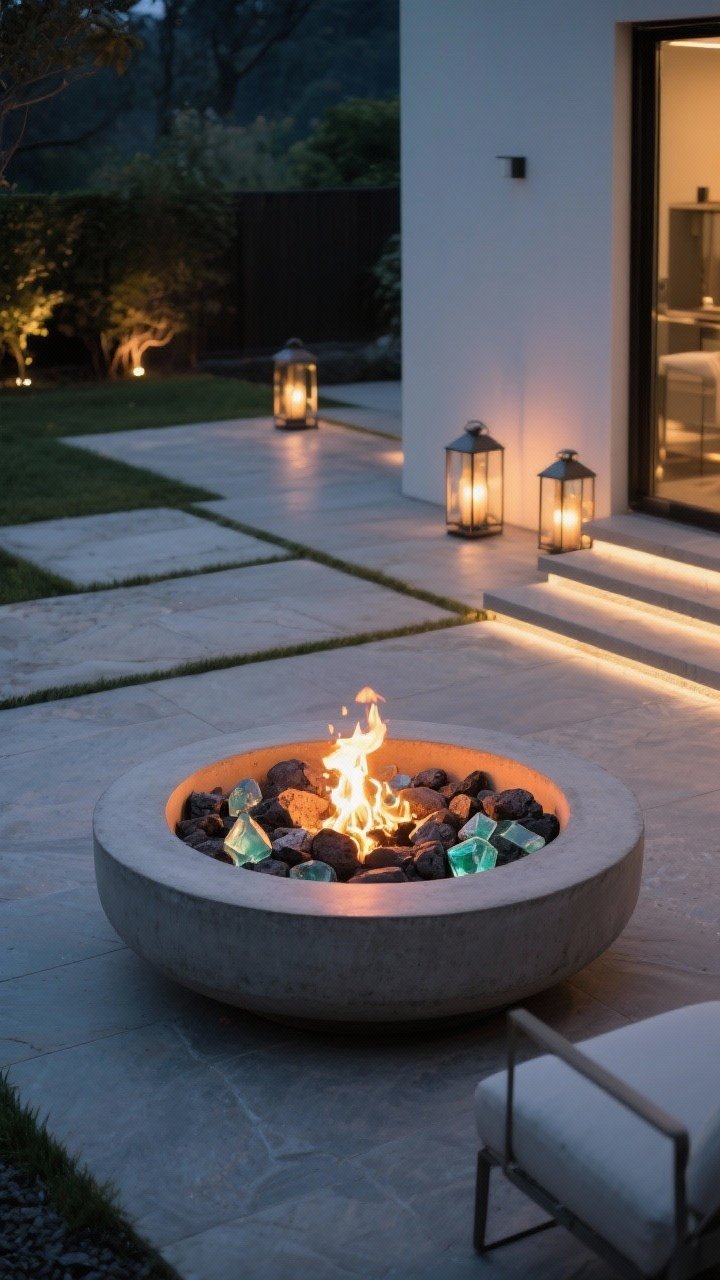 Wide shot: Sleek contemporary patio at night featuring a round concrete ethanol fire bowl centered on a non-flammable stone surface, filled with fire-safe glass rocks and lava stones; balanced by soft ambient lighting from nearby lanterns and subtle path lights to create layered illumination; clean, minimal styling with ample clearance around flame; warm firelight reflecting on surrounding textures.