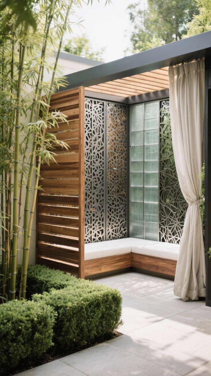 Wide shot, straight-on: A private spa nook with layered screening—slatted cedar privacy screens mixed with metal laser-cut panels, tall clumping bamboo and evergreen hedges, and a run of frosted polycarbonate panels; outdoor drapery on a pergola rail gently pulled aside; screens angled at 45 degrees to block sightlines without boxing in the area; soft, diffused daylight filtering through foliage; textures of wood, metal, and greenery highlighted; photorealistic, no people.