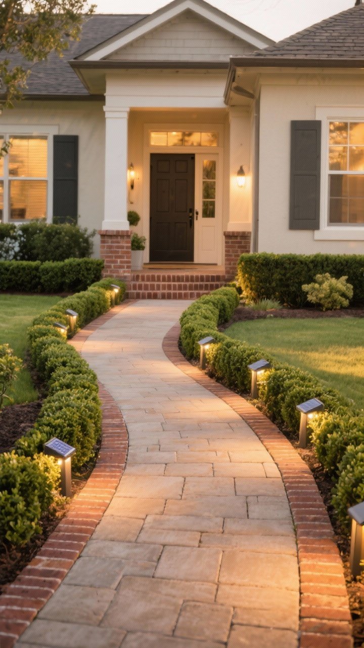 Wide shot, straight-on: A welcoming front walkway upgraded to a 4-foot-wide path of warm-toned concrete pavers in a gentle curve toward the front door; brick soldier-course border defines the edges; low dwarf boxwood hedging neatly lines both sides; embedded solar path lights are spaced subtly along the planting border for evening glow; the scene set at golden hour with soft highlights on paver texture and gentle shadows enhancing flow.