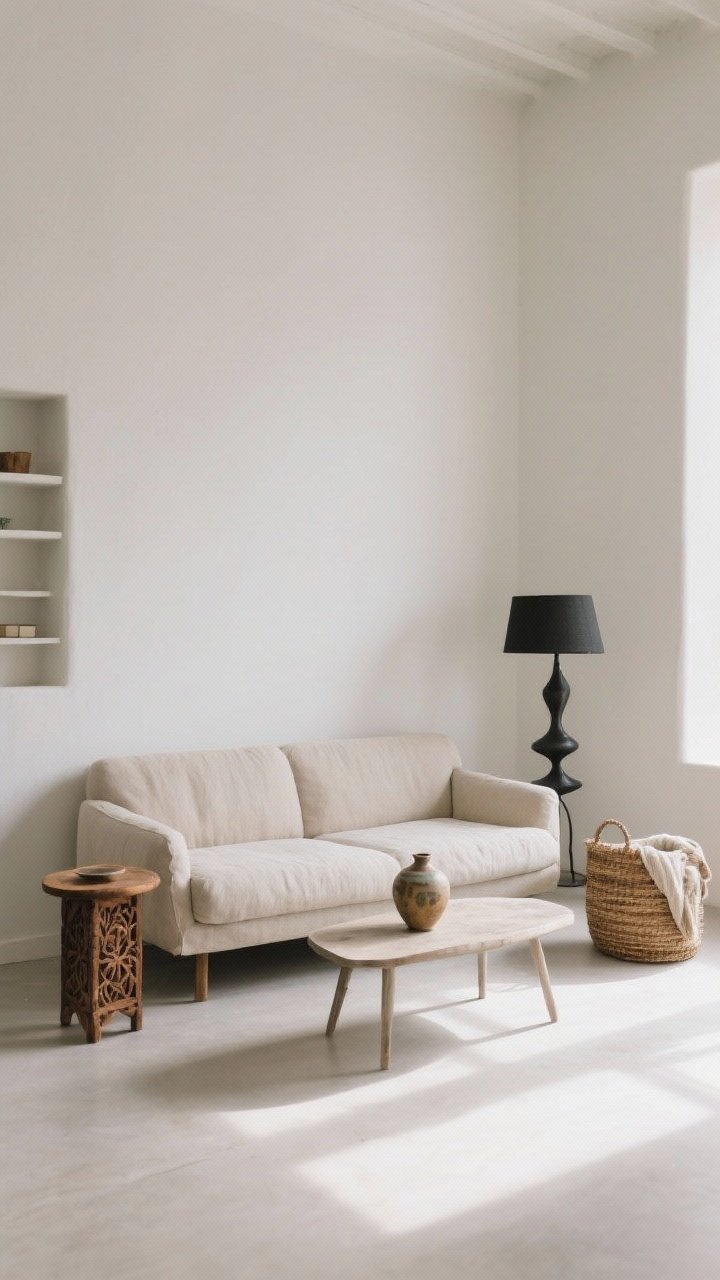 Wide shot, straight-on view: A minimal boho living room after a deep edit, with generous negative space and clear surfaces. One hero sofa in neutral linen sits centered, paired with two to three personality pieces: a vintage carved wood side table, a small artisan ceramic vase on a low-profile coffee table, and a sculptural matte black floor lamp. A single woven basket for throws is tucked beside the sofa. Walls and shelves have breathing room with no clutter or duplicates visible. Soft natural daylight fills the calm, airy scene; no people.
