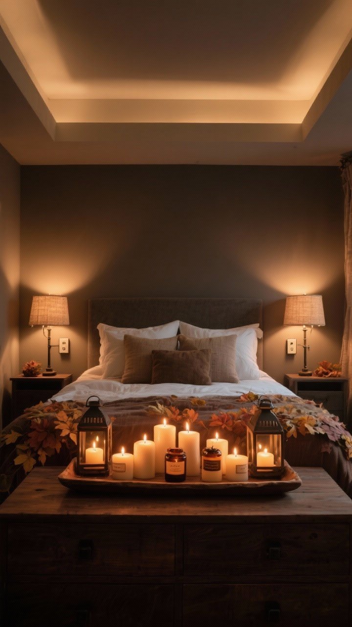 Wide shot, straight-on view: A moody fall bedroom lit only by layered warm lighting—2700K warm white bulbs in two table lamps with linen or burlap shades, matching plug-in/battery sconces flanking the bed, and clusters of LED candles in lanterns arranged on a wood tray atop a dresser. Overall soft, candlelit glow with deep shadows, no harsh overhead lights. Subtle scent cues represented by labeled candles or diffusers in cedar, vanilla, chai, or smoked amber tones. Cozy, high-end yet unfussy ambiance; photorealistic lighting falloff. No people.