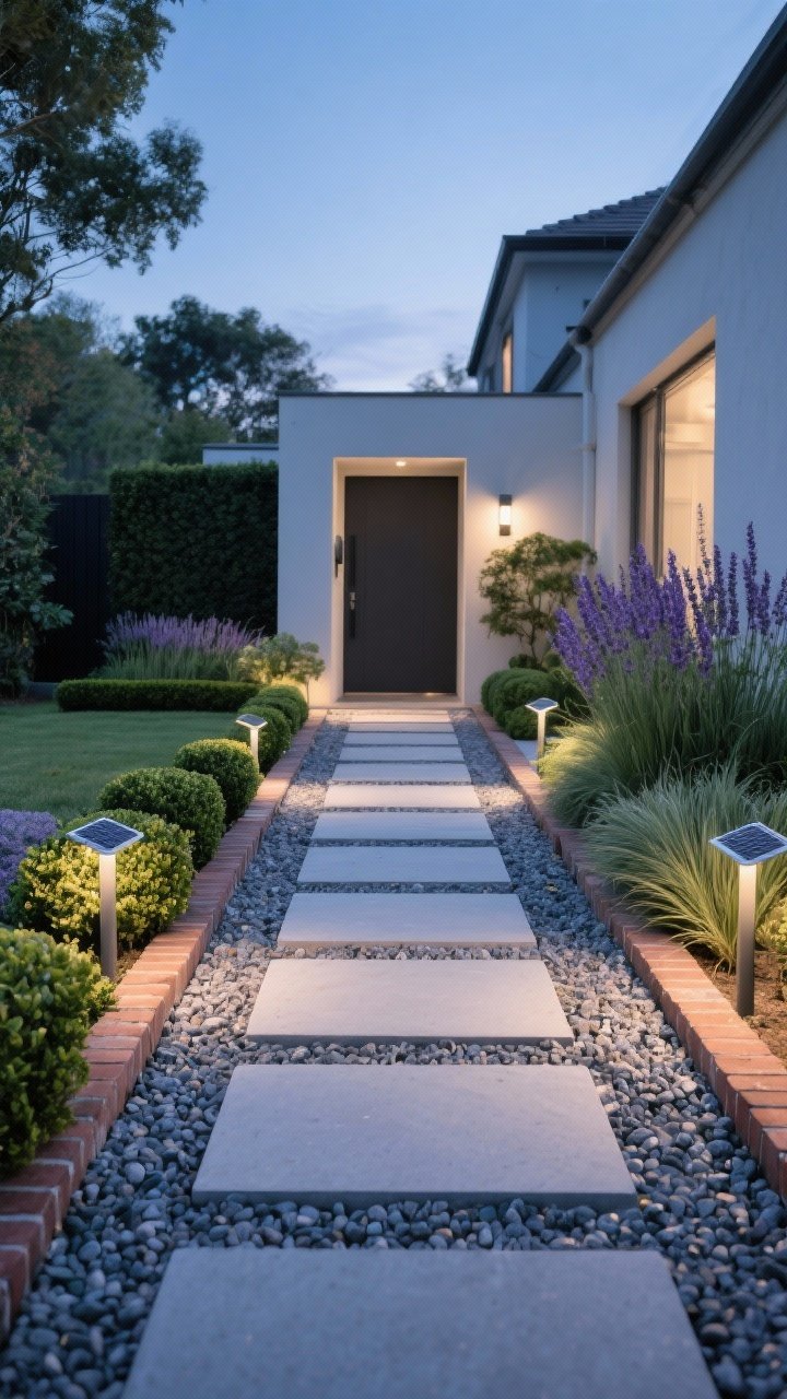 Wide shot, straight-on view at dusk of a modern garden entrance featuring a pea gravel path with large rectangular stepping stones, neatly edged with low growers like boxwood, lavender, and mondo grass; contrasting materials (gravel + brick edging) create crisp lines; solar stake lights and low-voltage LED uplights subtly illuminate the path and greenery for an elegant evening glow; clean, tidy, high-end look with polished repetition and defined edges, no people, photorealistic.