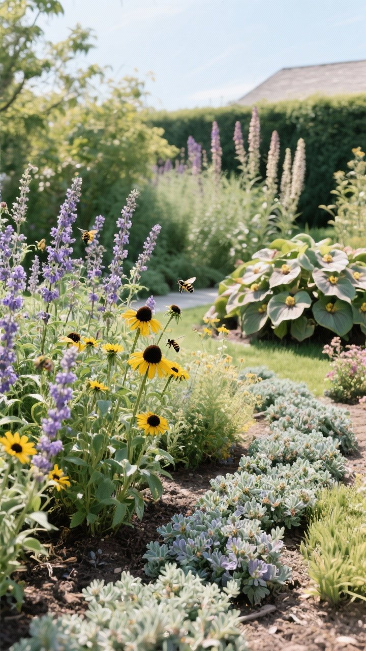 Wide shot, straight-on view of a low-maintenance pollinator garden: sunny bed with coneflower, black-eyed Susan, yarrow, and Russian sage buzzing with implied pollinator activity (no animals pictured); part-shade area nearby with heuchera, hellebore, hosta, and astilbe; groundcover patches of creeping thyme, ajuga, and lamb’s ear creating soft, full coverage; natural, resilient look under clear daylight, photorealistic.