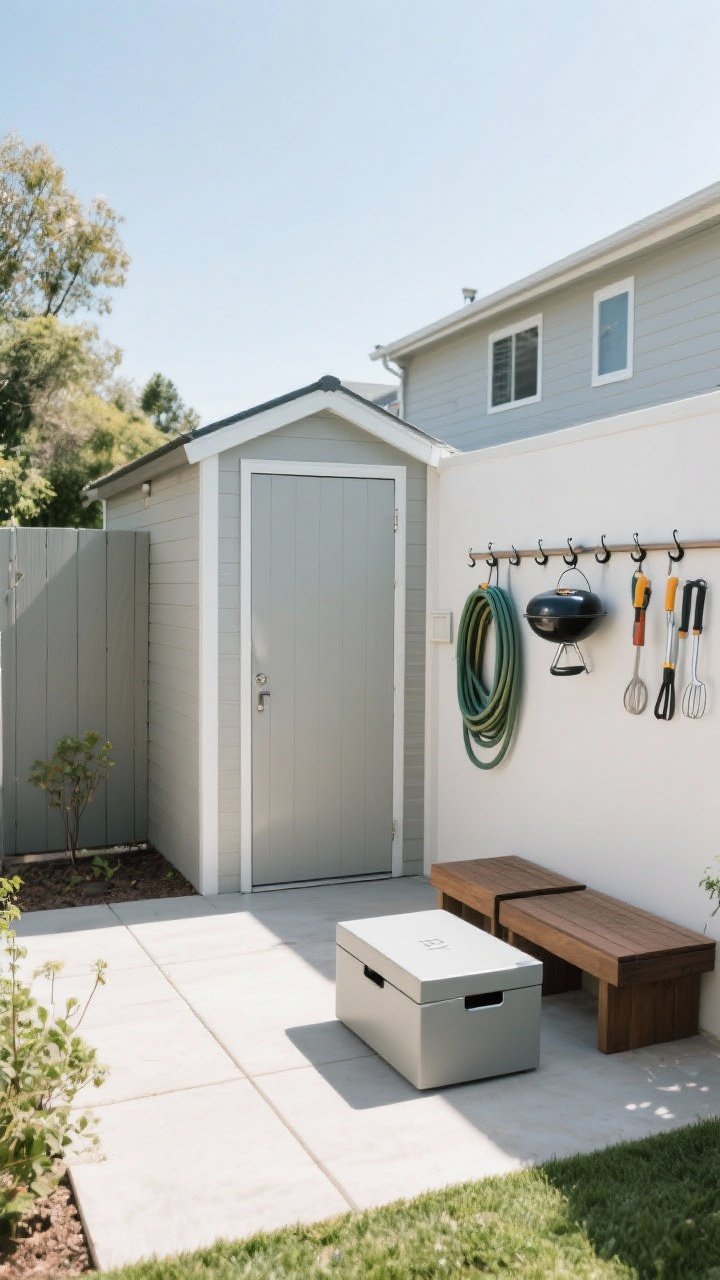 Wide shot: Tidy, clutter-free small yard featuring a slim shed painted to match the fence so it visually disappears, a pair of low-profile deck boxes doubling as side tables/extra seating, and a wall-mounted rail with hooks organizing hose, tools, and BBQ tongs off the floor; clean open center area feels larger; neutral tones and consistent finishes; bright even daylight, straight-on view highlighting smart storage integration.