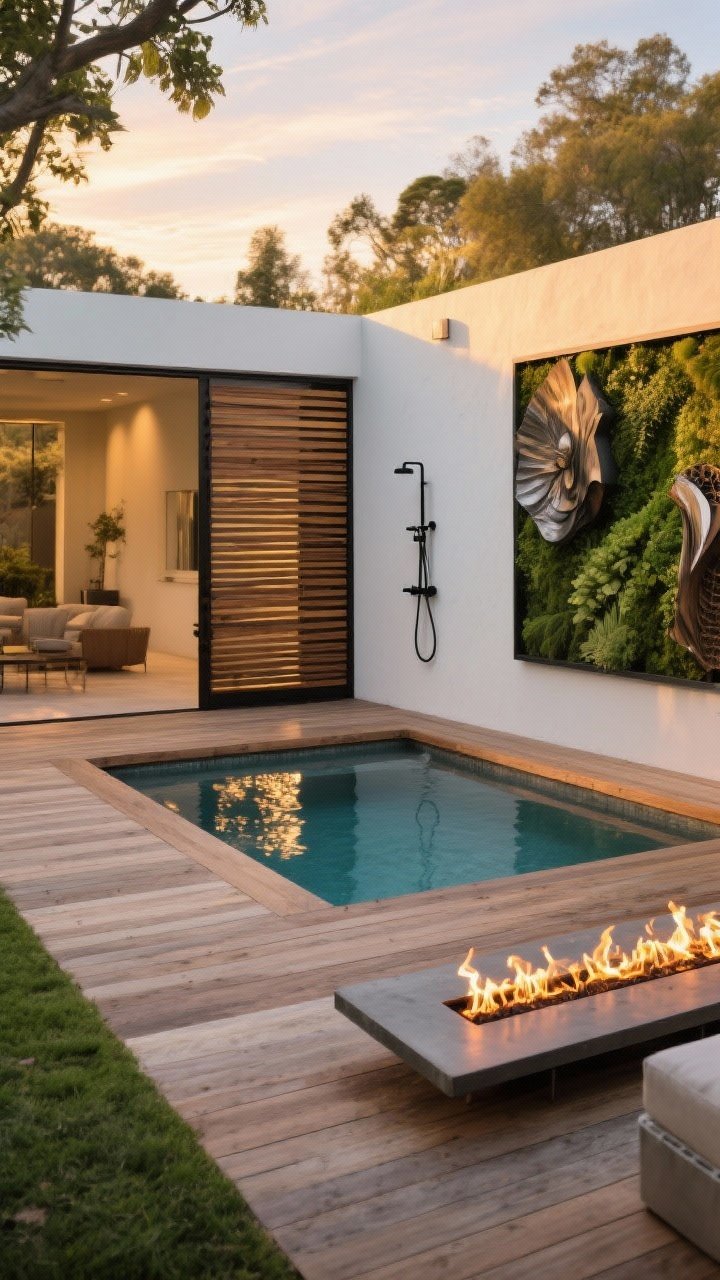 Wide showstopper feature: A signature backyard moment—a compact plunge pool or stock-tank pool set into a wood deck surround, with a long linear fire table (fire ribbon) nearby for dramatic evenings. On a side wall, a statement outdoor-safe art installation or living wall adds main-character energy. Optional outdoor shower with slatted wood screen and matte black hardware framed in the corner. Golden hour into dusk, reflections shimmering, private villa ambiance, no people.