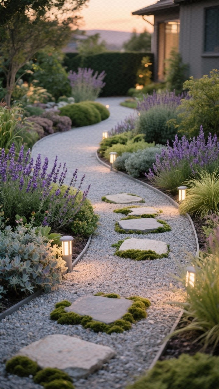 Wide, slightly elevated angle of a curving decomposed granite garden path that winds through lush planting, edges softened by low lavender, heuchera, and dwarf mondo grass. Stepping stones set with creeping thyme and Irish moss filling joints. Subtle warm dusk lighting with small warm-white solar lights tucked along the outer curve for a gentle glow. Plants lightly spill over the path edges for an effortless, natural look.