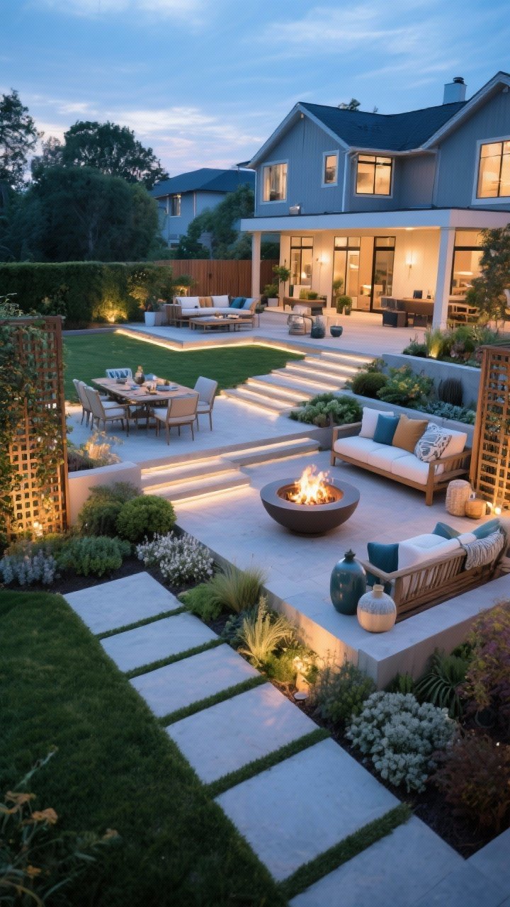 Wide, straight-on “after” view of the upgraded yard tying it all together: stepped levels, clearly zoned lounge/dine areas, defined pathways, layered planting, vertical trellis moments, warm layered lighting, a modern fire bowl, and styled decor with coordinated colors; balanced composition shows strong lines and smart layers without visual clutter; early evening blue hour with warm highlights for a welcoming, finished look.