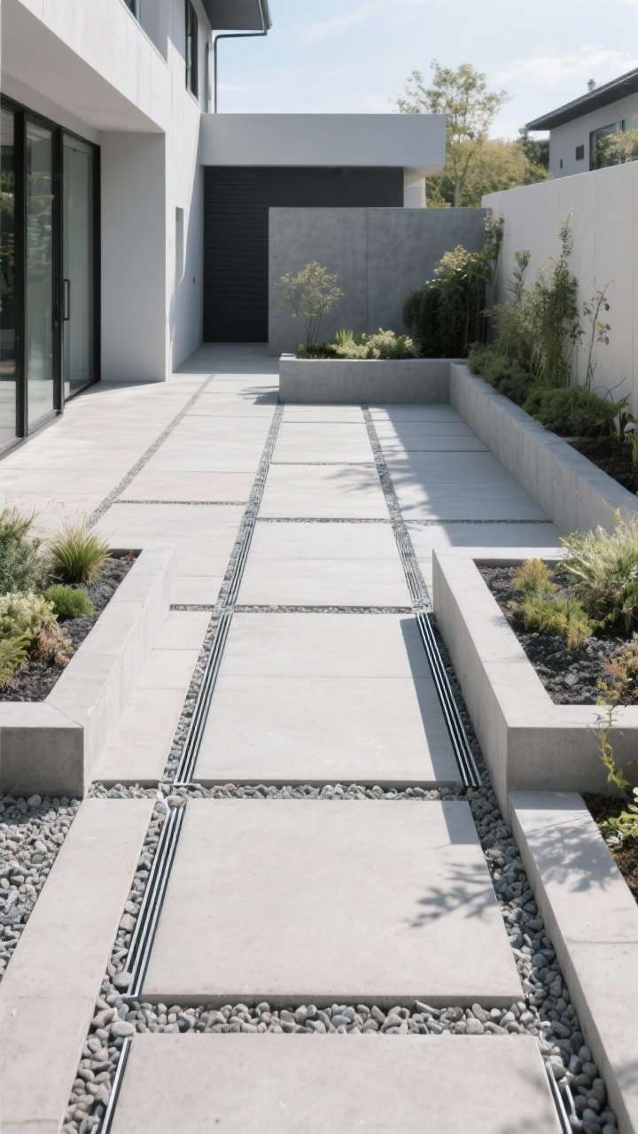 Wide, straight-on exterior shot of a modern backyard showcasing geometric hardscaping: oversized rectangular concrete pavers with tight joints forming a sleek walkway, alternating with gravel infill for texture; planting beds edged with thin steel/aluminum strips for razor-sharp lines; crisp right angles and clean borders framing low, structured plantings; neutral gray concrete, pale gravel, and minimal greenery; bright daytime natural light emphasizing the sharp silhouettes and purposeful layout; no people, photorealistic.