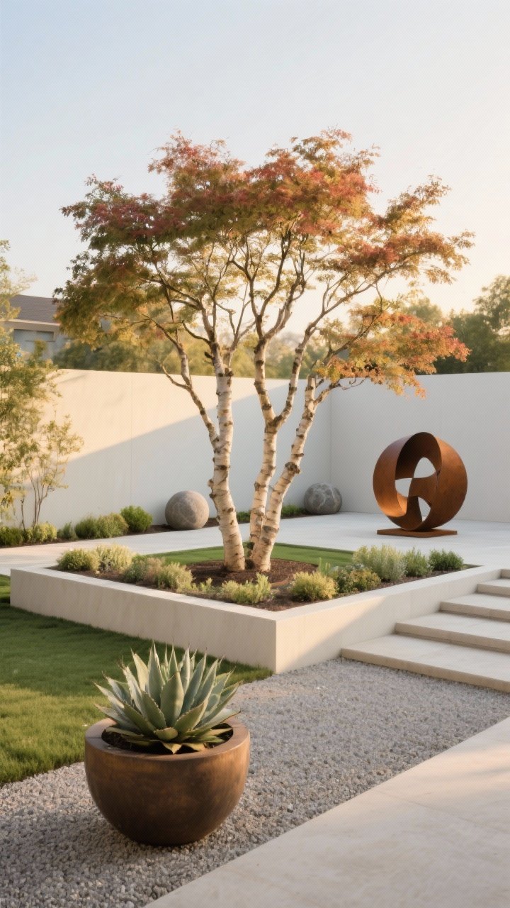 Wide, straight-on hero shot of a statement piece anchoring the yard: a multi-stem birch or Japanese maple centered in a minimalist bed with simple underplanting, given generous breathing room; alternate placement of a corten steel sculpture or stone spheres for a modern yard; one oversized planter with architectural agave or topiary adds drama; clean ground plane (fine gravel or mulch), unobtrusive backdrop, and balanced negative space; golden-hour light highlighting form; no people, photorealistic.
