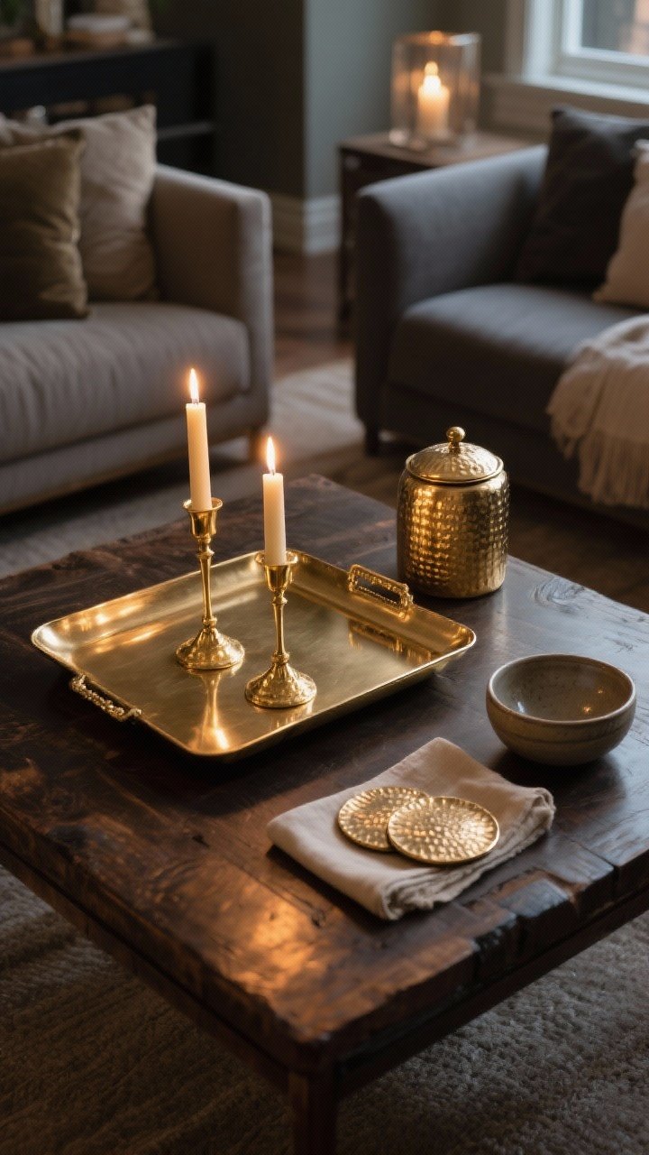 Wide, straight-on living room scene featuring a “metallic moment” for quiet glam: a brushed metallic brass tray centered on a dark wood coffee table, holding a pair of antique gold taper holders; nearby, a petite hammered metal lidded jar and a set of hammered metal coasters provide texture and gentle sparkle. Keep metals in one warm brass family, balanced with matte elements like a linen napkin, a ceramic bowl, and raw wood table surface to avoid glam overload. Evening ambiance with candlelight reflecting softly off brushed metal (not mirror-bright) for a moody glow. Cohesive, elegant, photorealistic, no people.